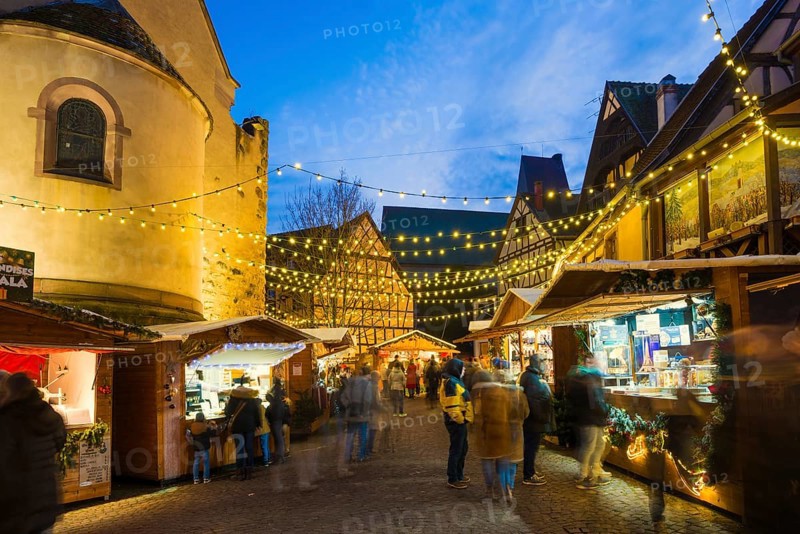 Christmas market, blue hour, Eguisheim, Haut-Rhin, Grand Est Region, Alsace, France