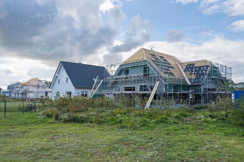 Equipped residential building, shell with roof truss, new development area, Sellin, Baltic resort, Rügen island, Mecklenburg-Western Pomerania, Germany