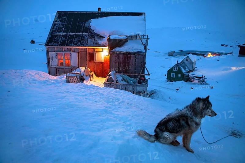 Tiniteqilaaq in a winter night, The village is one of five settlements around Ammassalik Island, located in the Sermersooq municipality on Ikasativaq Fjord, north of Ammassalik Island and facing Sermilik, Greenland, North America