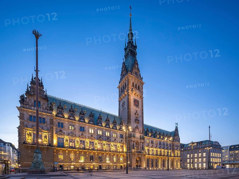 Hamburg City Hall with illuminated façade at the blue hour, Hamburg, Germany