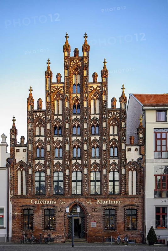 Historic brick Gothic buildings on the market square of the Hanseatic City of Greifswald, Mecklenburg-Western Pomerania, Germany, for editorial use only