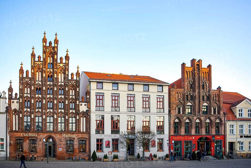 Historic brick Gothic buildings on the market square of the Hanseatic City of Greifswald, Mecklenburg-Western Pomerania, Germany, for editorial use only