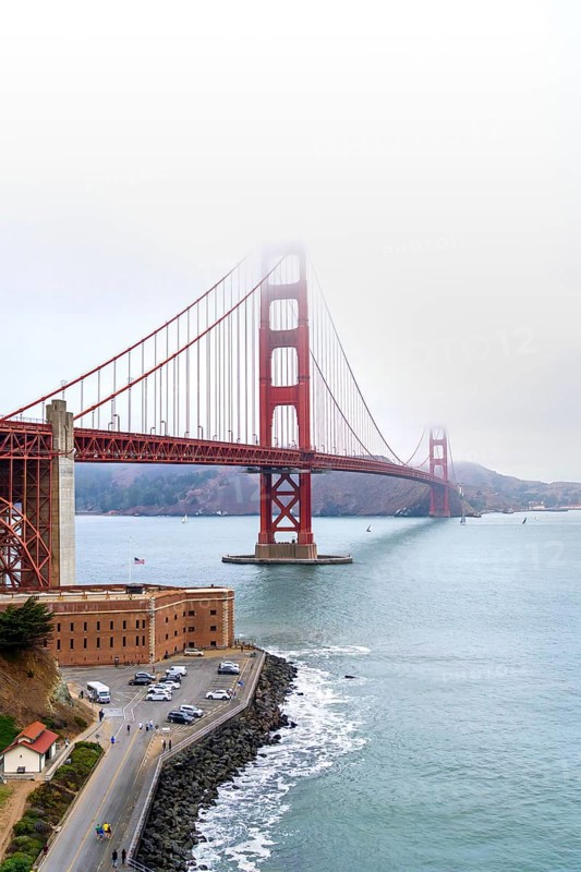 1937 Golden Gate Bridge in the mist, red Art Deco suspension bridge linking San Francisco to Marin County, California, United States