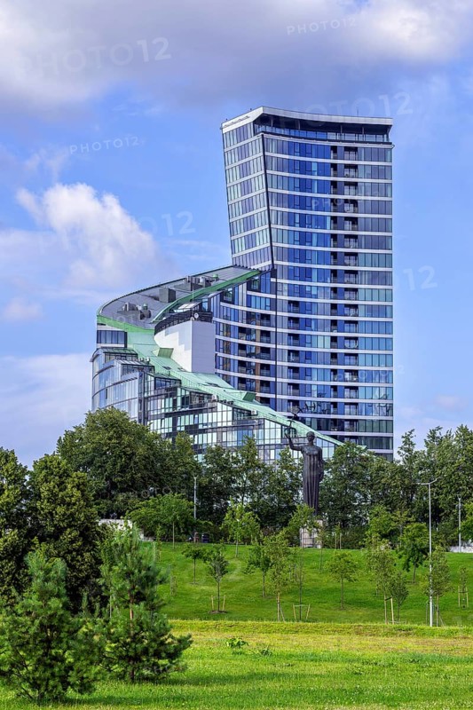 Sculpture First Swallows, Pirmosios kregzdes in front of the ARFA Tower, high-rise residential building in the capital city Vilnius, Lithuania