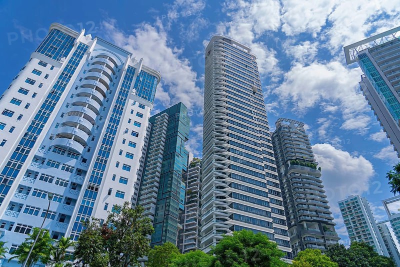 Skyline showing residential high-rise buildings and skyscrapers with flats and apartments in the city Singapore, Southeast Asia