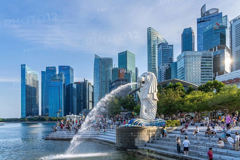The Merlion Park at Marina Bay near the Central Business District, CBD and skyline with skyscrapers of the city Singapore in summer, Southeast Asia