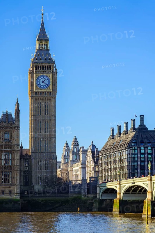 Westminster Bridge over River Thames and Elizabeth Tower, Big Ben, Great Bell of the Great Clock of the Palace of Westminster in London, England, UK