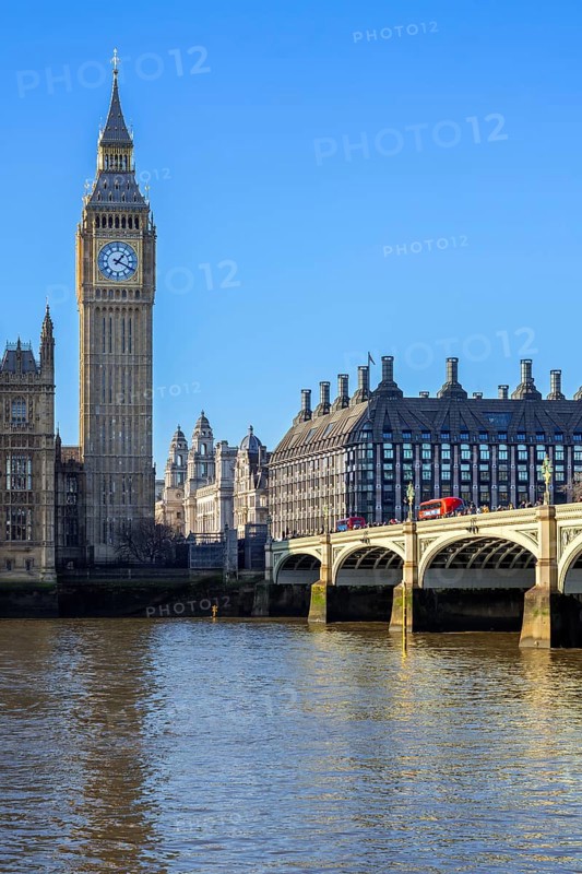 Westminster Bridge over River Thames and Elizabeth Tower, Big Ben, Great Bell of the Great Clock of the Palace of Westminster in London, England, UK