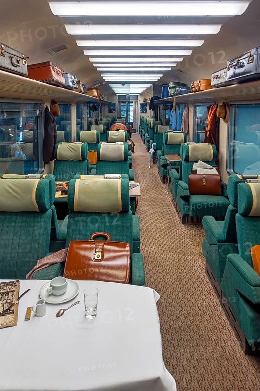 1974 TEE Mistral 69, first class compartment carriage, passenger railroad car at Train World, railway museum in Schaerbeek, Schaarbeek, Belgium