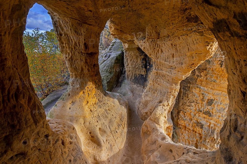 Klusfelsen, sandstone rock formation in Goslar near Halberstadt on the edge of the Harz Mountains, Saxony-Anhalt, Sachsen-Anhalt, Germany