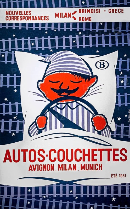 1961 vintage railway poster by Capouillard advertising Autos-Couchettes, long-distance overnight train service connecting Avignon, Milan and Munich
