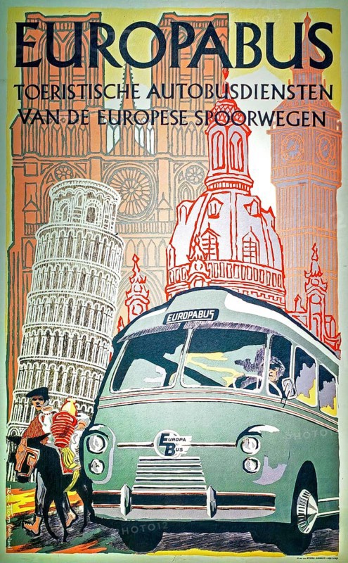 1961 vintage Europabus poster advertising long-distance bus transport by Union des Services Routiers des Chemins de Fer Européens, URF