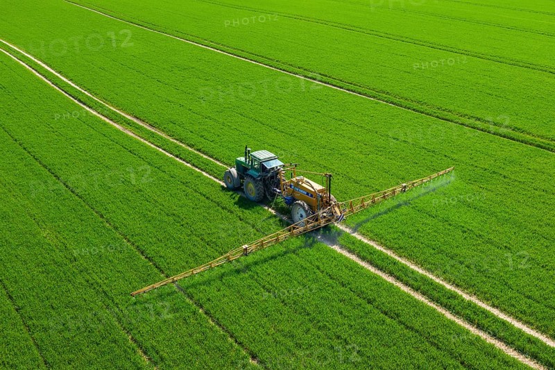 Aerial view over agricultural trailed field sprayer pulled by tractor spraying crop on farmland, field with pesticides, insecticides in spring