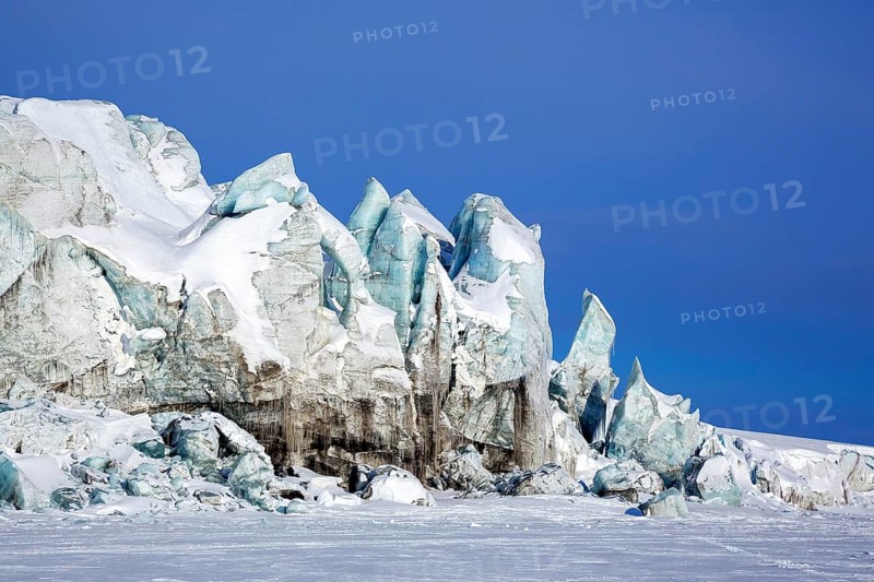 Heuglinbreen, retreating tributary glacier to Hayesbreen at Mohnbukta, bay at western shore of Storfjorden in Sabine Land at Spitsbergen, Svalbard