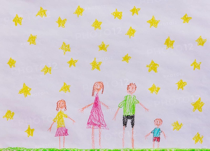 Naive illustration, children's drawing, family with children, starry sky