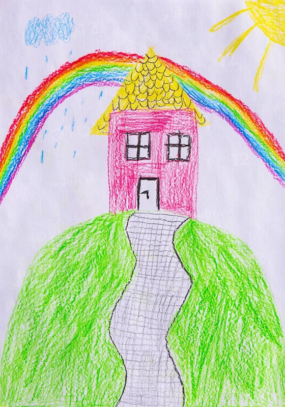 Naive illustration, children's drawing, residential building with rainbow, rain and sunshine, Austria