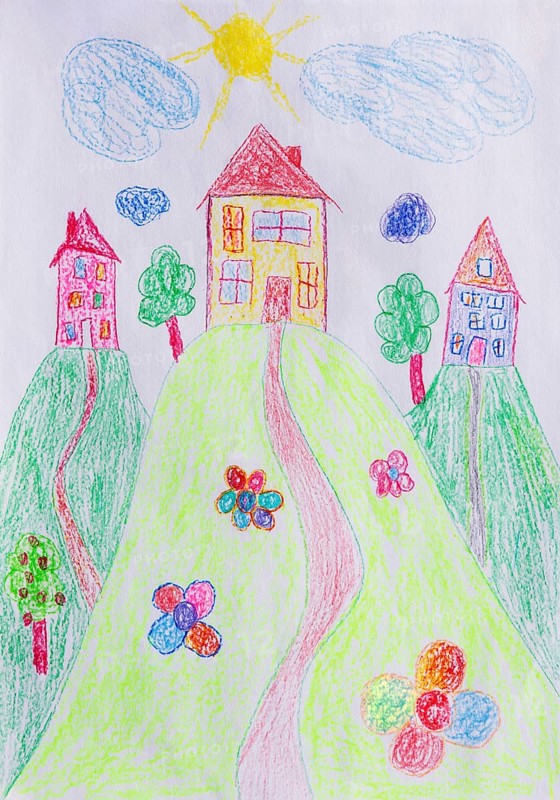 Naive illustration, children's drawing, house with garden, flowers, sunshine and cloud, Austria