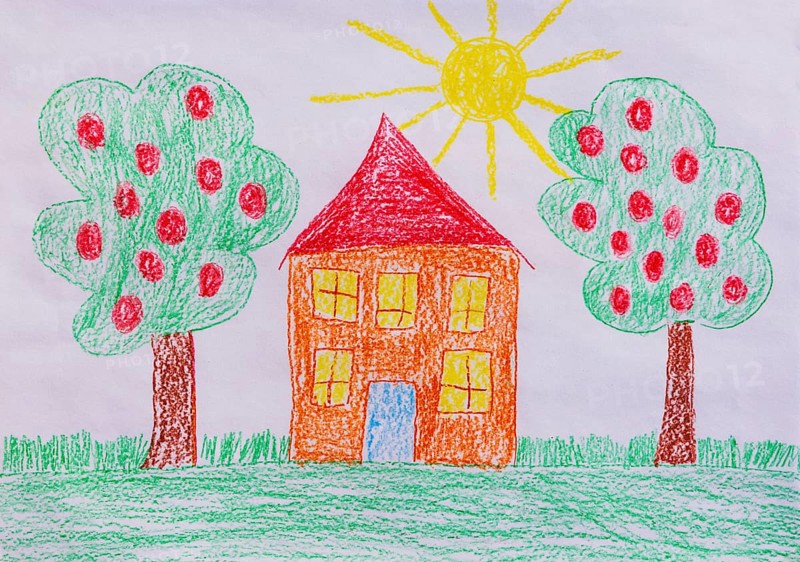 Naive illustration, children's drawing, residential building with garden and fruit trees, sunshine and cloud, Austria