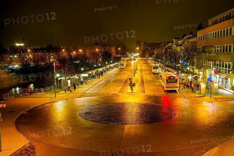 Night-time bus station, downtown Reutlingen, Baden-Württemberg, Germany, for editorial use only