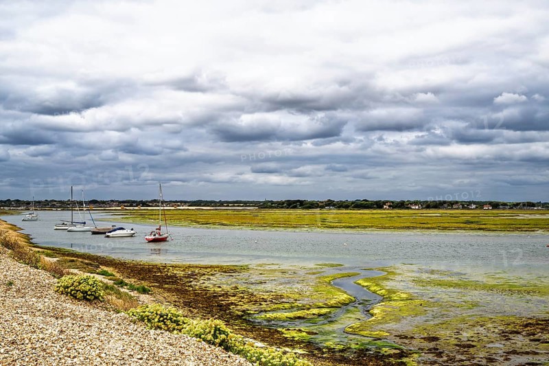 Boats and Marshes over Hurst Spit, Milford on Sea, Lymington, Hampshire, UK