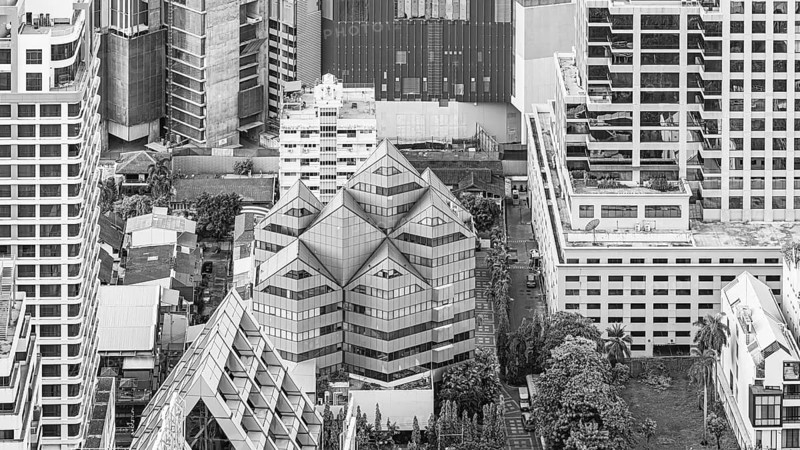 Over the rooftops of Bangkok, view from the Moon Bar on the roof terrace of the Banyan Tree hotel, black and white photo, Sathon, Bangkok, Thailand's metropolis, Thailand