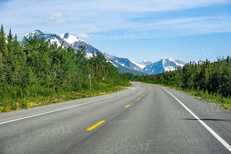 Road through taiga and mountainous landscape, picturesque landscape on Richardson Highway, Alaska, USA