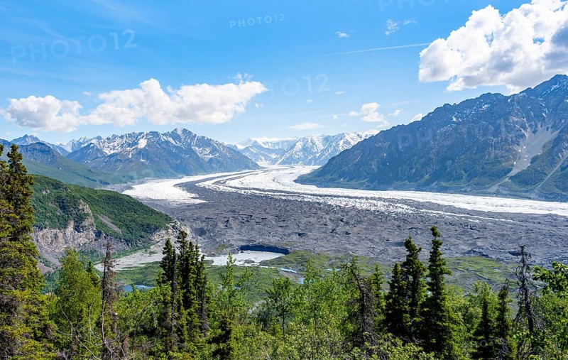 View of impressive mountain landscape with Matanuska glacier and glaciated mountain peaks, Lion's Head, Chugach Mountains, Alaska, USA