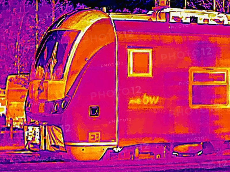 Locomotive in the train station. Thermal image or thermography, symbolic photo, interpolated. Stuttgart, Baden-Württemberg, Germany