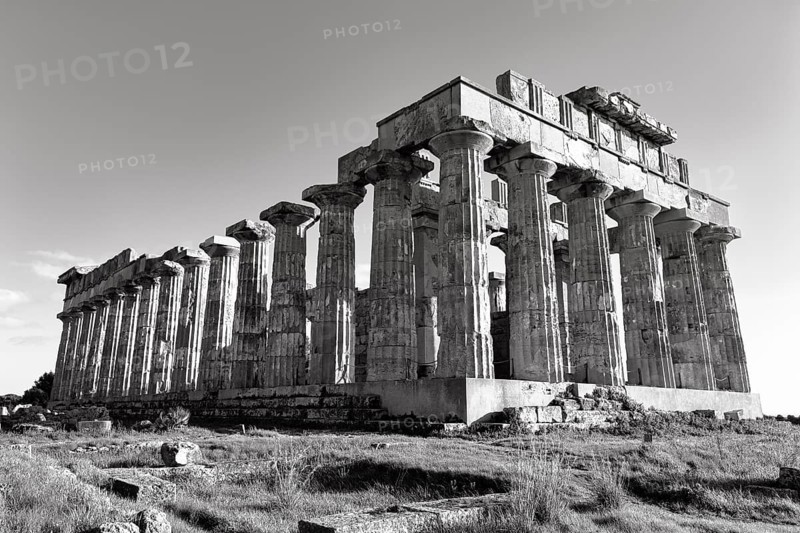 Temple E, Temple of Hera in the ancient Greek city of Selinunte, acropolis, Doric style, archaeological site, restoration, monochrome, Selinunte, Castelvetrano, Trapani, Sicily, Italy