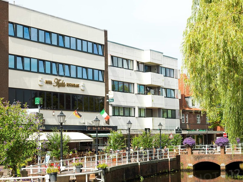 Papenburg city center, canals, left Hotel Kuhr, Emsland, Germany