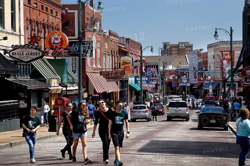Lively walk by people on the famous Beale Street in Memphis, Memphis, Tennessee, USA