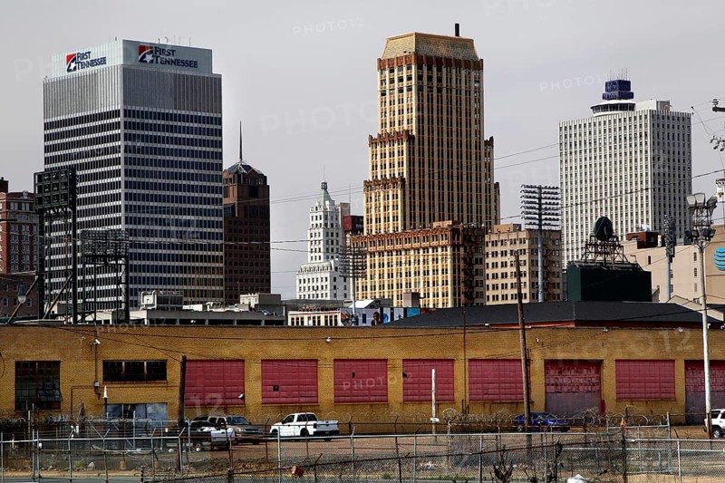 Urban panorama with tall buildings and a distinctive brick building, Memphis, Tennessee, USA