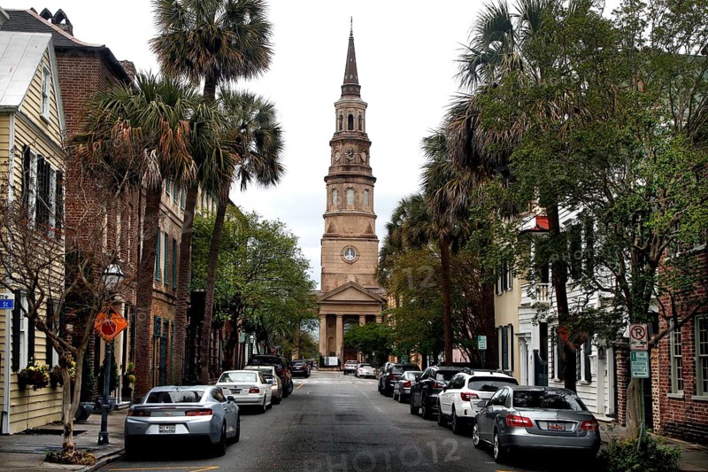 Impressive church surrounded by palm trees and cars in Charleston, Charleston, South Carolina, USA