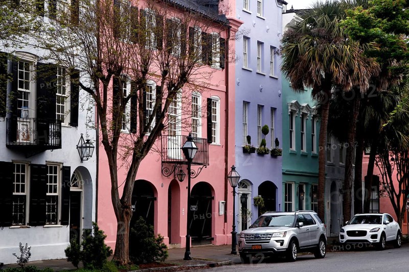 Vivid pastel colored row of houses on Rainbow Row in Charleston, Charleston, South Carolina, USA