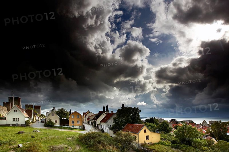 Dramatic sky over the historic old town of Visby, Visby, Gotland, Sweden