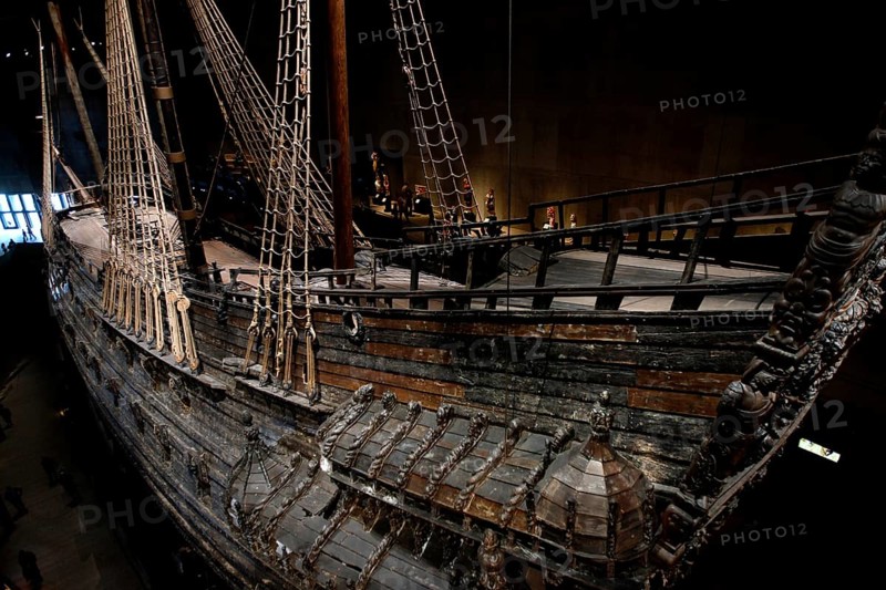 View of the detailed construction of the royal flagship Vasa in the Vasa Museum, Stockholm, Djurgården, Sweden