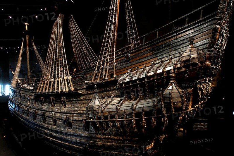 The royal flagship Vasa with its imposing masts in the Vasa Museum, Stockholm, Djurgården, Sweden