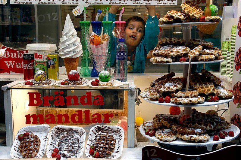 Candy shop in Gamla Stan with pastries and sweet treats in the shop window, Stockholm, Gamla Stan, Sweden