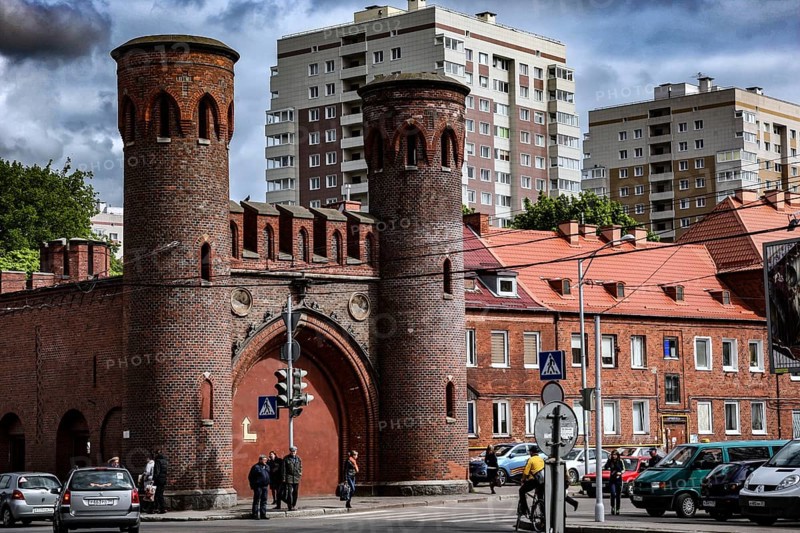 Historic district with Sackheim Gate and modern buildings in the background, Kaliningrad, Kaliningrad, Russia