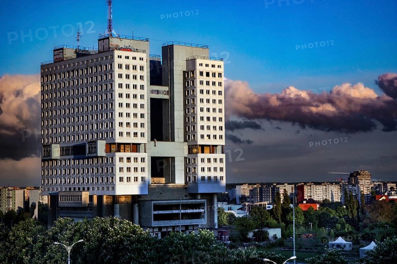 Modern high-rise building against dramatic cloudy sky, Kaliningrad, Russia