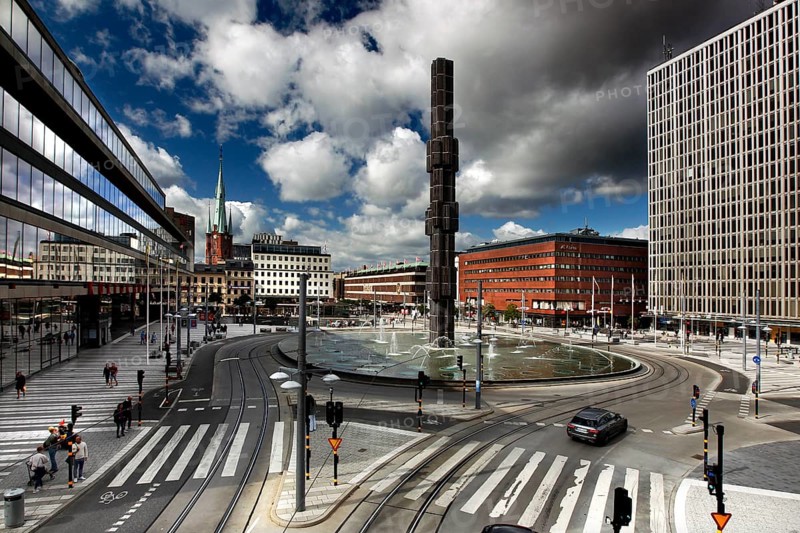 Central square in Norrmalm with a modern fountain and surrounding modern architecture, Stockholm, Norrmalm, Sweden