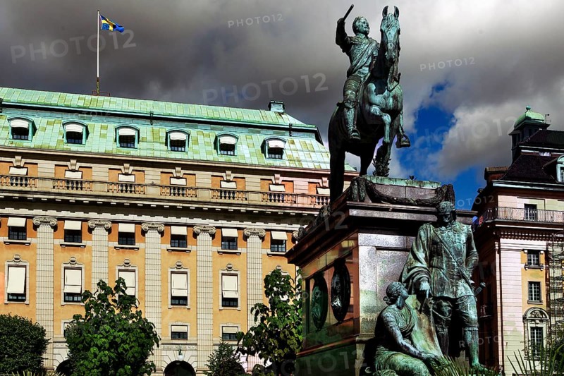 Gustav II Adolf monument on Gustav Adolfs Torg in front of imposing historic buildings, Stockholm, Norrmalm, Sweden