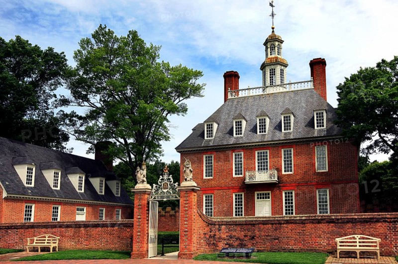 The governor's palace in Colonial Williamsburg with distinctive brick structures, Williamsburg, Virginia, USA