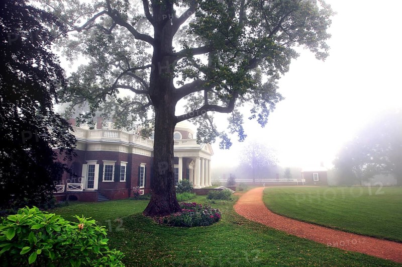 Jefferson's house and flower garden in a foggy, peaceful atmosphere, Charlottesville, Virginia, USA
