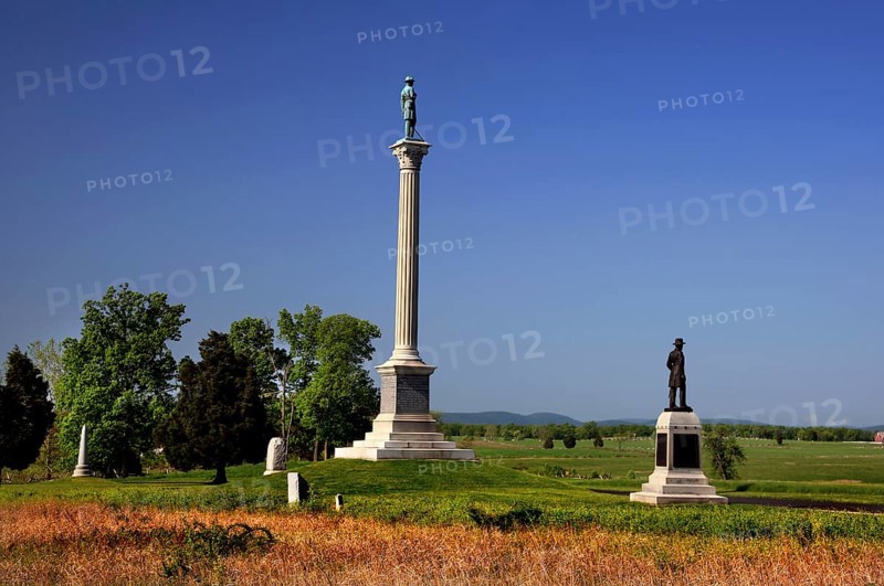 Several monuments stand in an open area of Gettysburg National Military Park, Gettysburg, Pennsylvania, USA