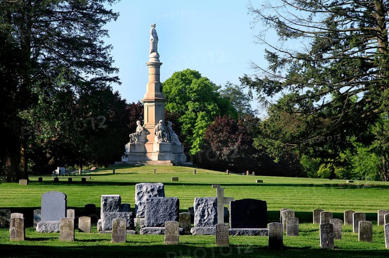 The national cemetery in Gettysburg with monument and well-maintained grounds, Gettysburg, Pennsylvania, USA