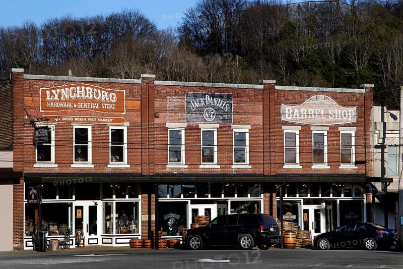 Historic brick buildings with eye-catching signs in Lynchburg, Lynchburg, Tennessee, USA