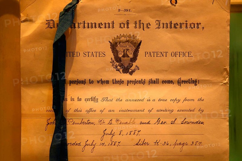 Patent document for Coca-Cola on display in the museum, historical significance, Atlanta, Georgia, USA
