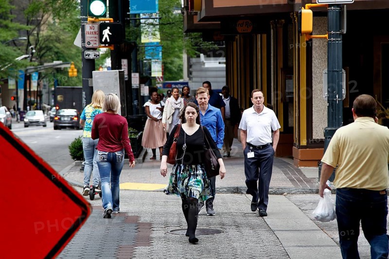 Pedestrians liven up Peachtree Street in bustling Atlanta, Atlanta, USA