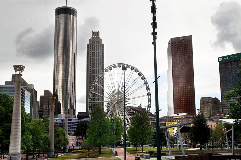 Downtown Atlanta skyline with SkyView Ferris wheel and surrounding skyscrapers, Atlanta, Georgia, USA